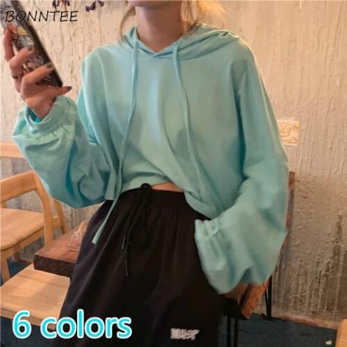 Crop Hoodies Women 6 Colors Harajuku Pure Hooded Korean Popular Basic Girls Hoodie Long Sleeve Spring Autumn Ladies Sweatshirt