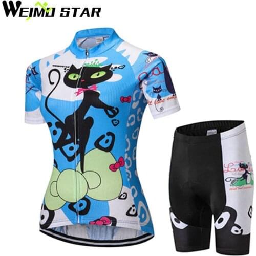 WEIMOSTAR Team Ropa Ciclismo Women Cat Blue Cycling Jersey Shorts Set Bike Bicycle Sportswear Suit