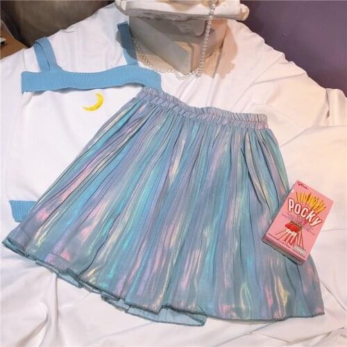 Princess Mermaid Lacer Shiny Japanese Harajuku Summer Pleated Skirt Big Bow Cool Womens Short Skirt Cute Girl