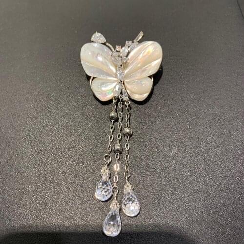 Natural sea shell butterfly brooch copper with cubic zircon tassels fashion women jewelry free shipping 3.2*8CM