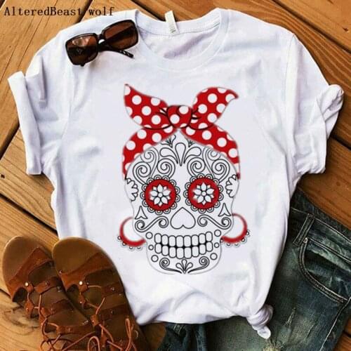 2020 Women Creative Fashion Skull With Bandana T-shirt Women Casual Short Sleeve Print Mom Mama Tshirt Female Harajuku Tee Tops