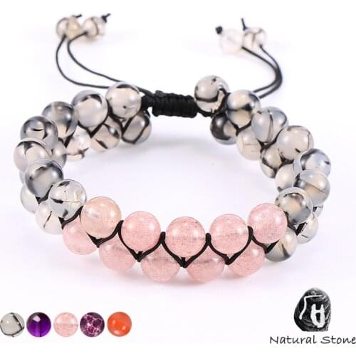 Women Natural Stone Bracelet Double Layer Braided 8MM Pink Quartz Purple Crystal Beads Bracelets 2020 Fashion Jewelry Gifts