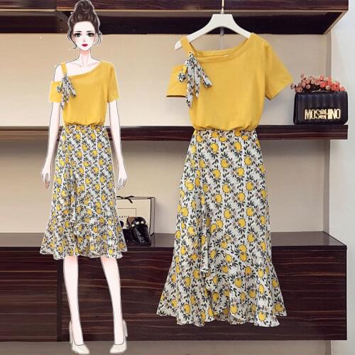 Plus Size Womens Skirt Suit 2021 Summer New Fashion Flower High-waisted Loose Skirts Two Piece Girl Sweet Bow Light Dress Set