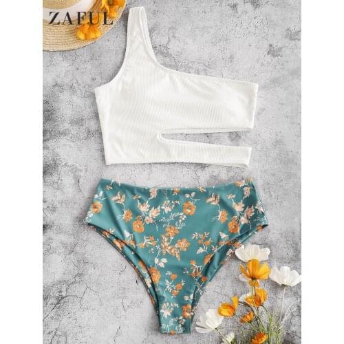 ZAFUL Ribbed Floral One Shoulder Bikinis Set Sexy Print Cutout Tankini Bikini Women Swimwear Summer Bathing Suit Feme Swimsuit