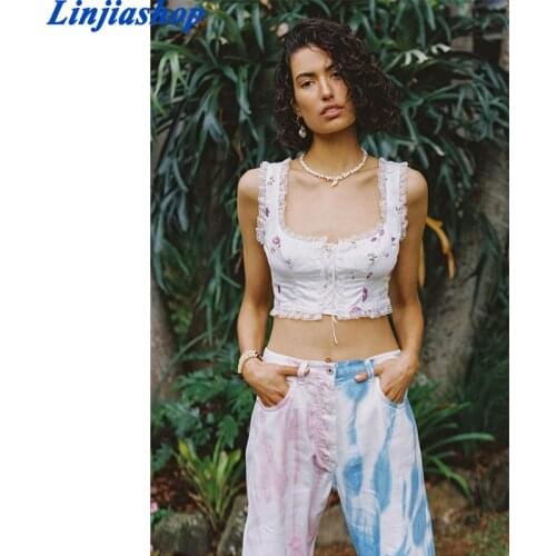 Romantic floral print crop top women square neck sleeveless sexy lace trims tank top front drawstring bandage summer tops