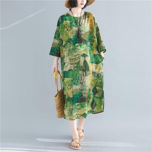 Plus Size Satin Linen Green Print Dress Women Summer 2020 Floral Ladies Dresses Long Flower Holiday Beach Woman Casual Dress