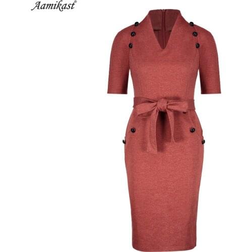 Aamikast Womens Sexy Elegant Autumn Vintage Belted Button Tunic Slim Casual Party Fitted Sheath Pencil Bodycon Dress