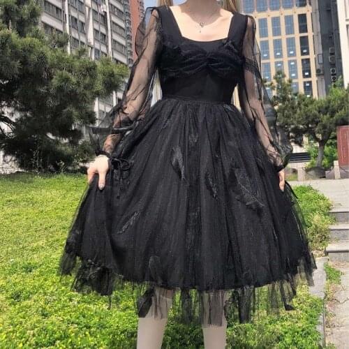 Original Lolita Fairy Mesh Bow Three-Dimensional Feather Design Long Sleeve Dress for Women Summer lolita dres goth lolita