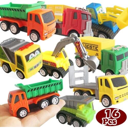 16Pcs Vehicles Assorted Construction Raced Car Model Toy Set Racing Trucks Tractors Excavators Pocket Toys for Boy Can Swing