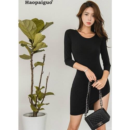 Plus Size Asymmetrical Dress 2018 Women Autumn Black Full Sleeve O-neck Backless Sexy Club Short Dress Casual Wrap Mini Dresses