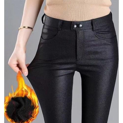Autumn Winter Warm Women Pants Dropshipping Female PU Leather Velvet Trousers Elastic Pencil Skinny Pants Women Tight Pants 81i