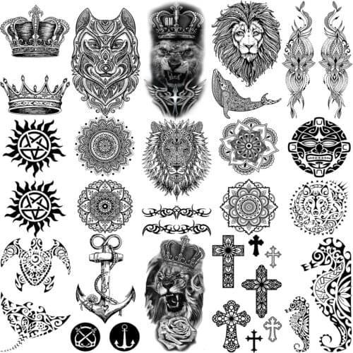 Black henna lion mandala Temporary Tattoos For Women Adult men Crown thorns cross anchor fake tattoo Neck Arm Hands Small tatoos