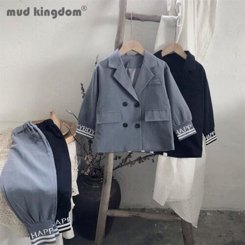 Mudkingdom Boys Suits Blazers Pants Set Spring Autumn Letter Turn-down Collar Outerwear Solid Loose Trousers Sets Kids Outfits