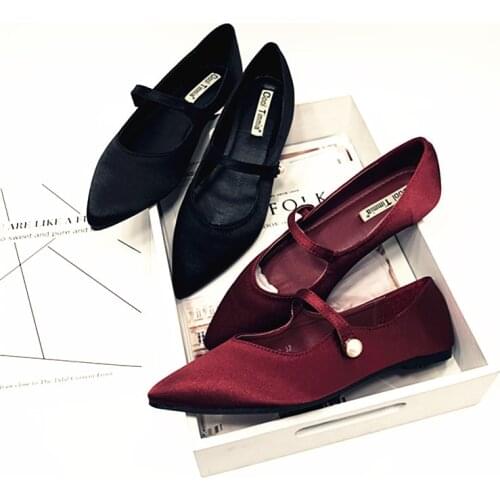 Red/Black silk satin pointed flats mujer ladies european shallow mary janes single shoes woman soft ballerina mocasine plus size
