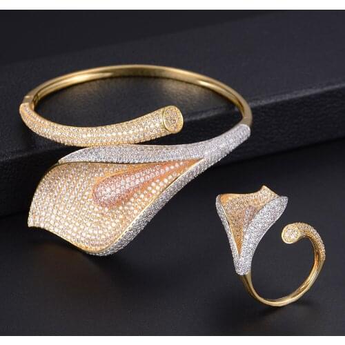 LARRAURI Trendy Zircon Crystal Dubai Wedding Bridal Jewelry Sets Lily Flower Bangle/Ring Jewelry Sets For Women