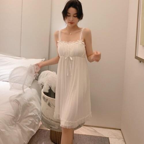 Womens Summer Strap Nightgown Solid Lace Mini Sleepwear Sweet Princess Vintage Homewear Loose Intimate Lingerie With Chest Pads
