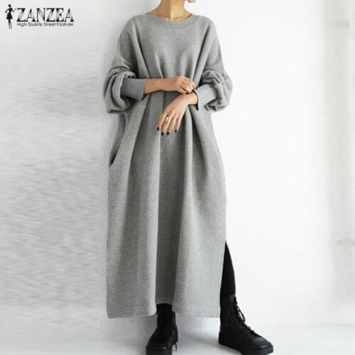 Autumn Sweatshirt Dress ZANZEA Winter Sundress Long Sleeve Split Hem Casual Loose Long Vestidos Solid Baggy Fleece Pullover