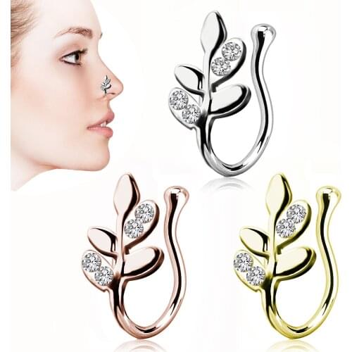 Sexy Fashion Hypoallergenic Leaf-shaped Zinc Alloy Body Jewelry, 1PCS Fake Nose with Rhinestones, Imitation Perforated Ring