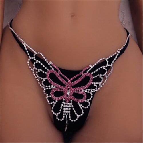 Sexy Red Butterfly Rhinestone Body Chains Mesh Jewelry Tassel Waist Round Panties For Women Crystal Underwear Thong Belly Chain
