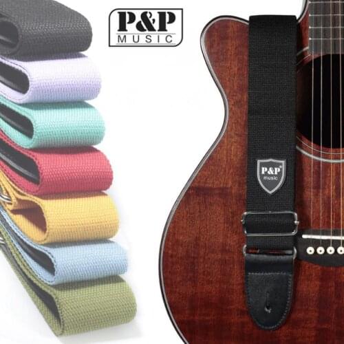 Adjustable Pure Cotton Colorful Acoustic Guitar Strap with Leather Head 7 Colors Optional