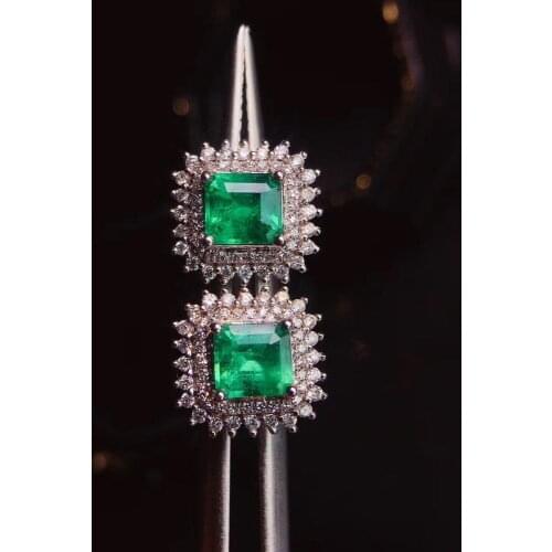 100% Natural 0.8carat Zambian Emerald Push Back Stud Earring with Diamond Solid 14K White Gold Anniversary Gift For Women