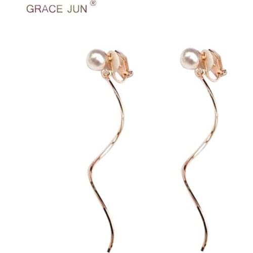 GRACE JUN New Long Style Simulated Pearl Long Clip on Earrings No Pierced for Grils Fashion Princess Ear Clip Cute Jewelry Gift