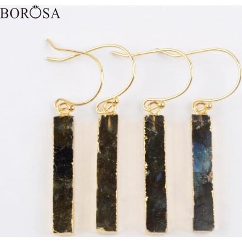 BOROSA Gold/Silver Plated Natural Labradorite Drop Earrings for Women Fashion Rectangle Natural Gems Stone Earrings Gifts G1923