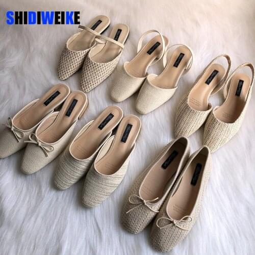 Summer Single shoes 6-style woman cane weave breathable straw mules slippers moccasins bow slip-on flats sandals women flip flop
