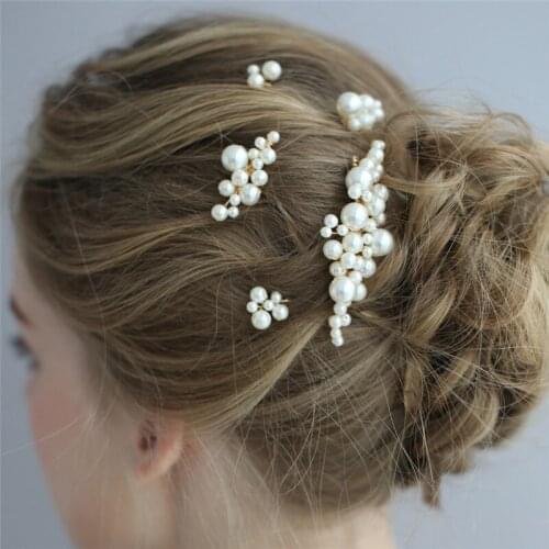 SLBRIDAL Handmade Golden Wired Simulated Pearls Wedding Hair Comb Hair Pins Stickers Set Bridal Hair Accessories Women Jewelry