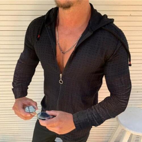 Fashion Long Sleeved Hoodie Zipper T Shirt Men Clothing Summer Solid Color Casual Plaid Print Open Stitch Thin Tshirt Mens