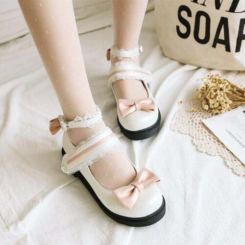 Japanese sweet lolita shoes vintage round head thick bottom women shoes lace bowknot soft girl kawaii shoes loli cosplay