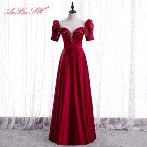 AnXin SH princess wine red satin evening dress vintage party o neck beading pearls ruffles puff sleeve bride evening dress