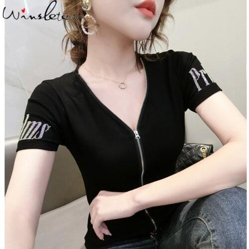Summer Korean Style T-Shirt Girls Fashion Sexy V-Neck Zipper Women Tops Short Sleeve Shiny Diamonds Slim Tees New 2021 T12903A