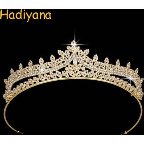 Hadiyana High Quality Queen Crown Sparkling AAA Cubic Zircon Jewelry Tiara Fantastic Design Gold Plating Crown For Women BC3624