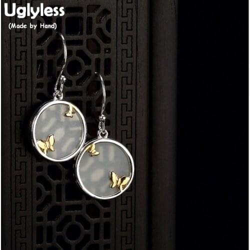 Uglyless Real 925 Sterling Silver Round Dangle Earrings Women Ethnic Butterfly Earrings Gemstone Natural White Jade Fine Jewelry