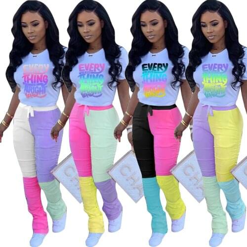 Patchwork Women Tracksuit 2 Pieces Set In Neon Color Short Sleeve T-shirt Long Draped Pants 2020 Summer Fashion Streetwear S-3XL
