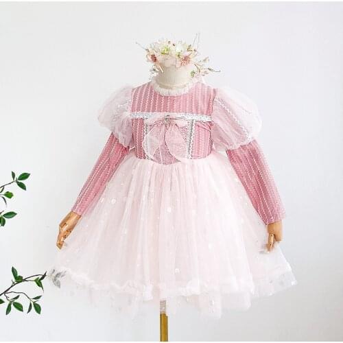 Girls sequin tulle dresses wholesale baby girl bow puff sleeve dress