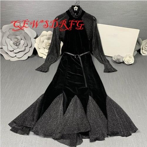 2019 spring new dress women high collar flare sleeve bring silk velvet stitching mesh mermaid dress female fishtail dresses