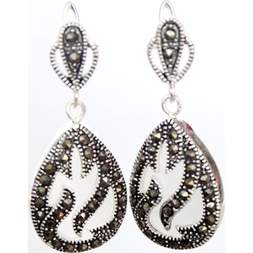 11/2" late trend 925 Silver & Marcasite inlay white opal Waterdrop Earrings
