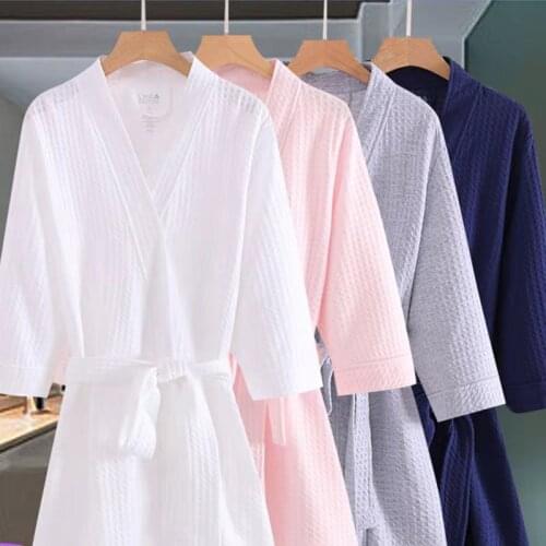 2021 New Summer Robe Womens Sleepwear Quick Dry Waffle Bathrobe Mid Length Pijama Solid Color Loose Soft Lovers Robe Homewear