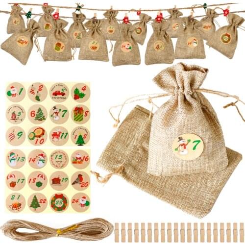 24sets Christmas Advent Calendar Bags Xmas Party Decoration Gift Wrapping Linen Bags Hanging Candy Gift Bags with Clips Stickers