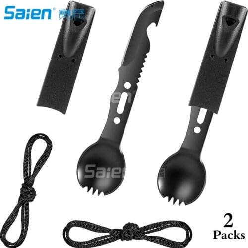 7 in 1 Multifunctional Camping Spork. Stainless Steel Spoon Fork Knife Combo Utensil with Bottle Opener/Emergency Whistle/Saw
