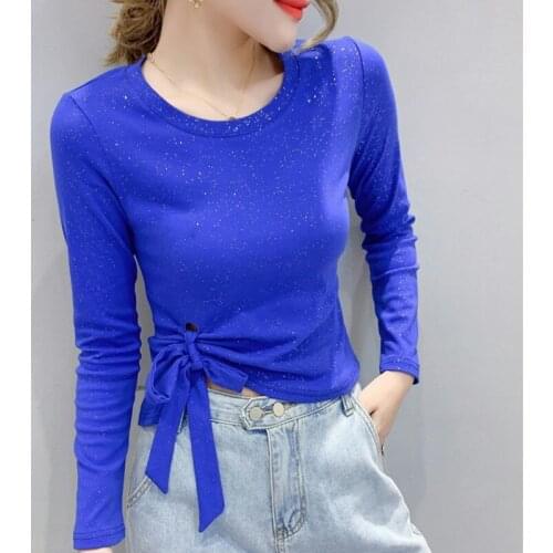 #8563 Blue Black Stretch Mesh T Shirt Women Side Bandage Sexy Basic T-shirt Thin Streetwear Tshirt Women Long Sleeve Slim