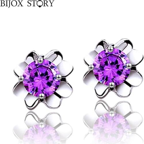 BIJOX STORY 2021 Trendy Diamond Flower Unusual Earrings 925 Sterling Silver Charm Ear Stud Women Silver Engagement Gifts