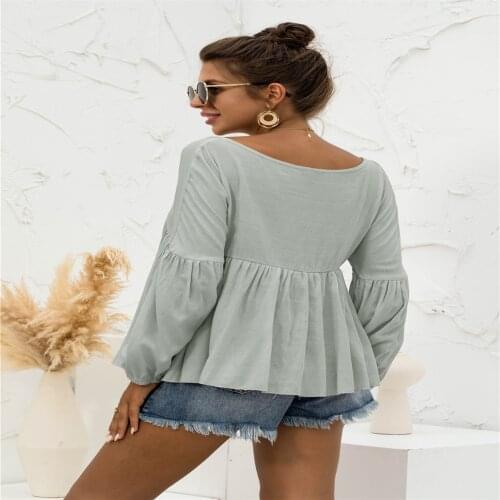 Womens Blouses Solid Color Shirts Patchwork V-Neck Long Lantern Sleeve Tops Womens Clothing 2021 Casual Blusas Femme Y2k Top