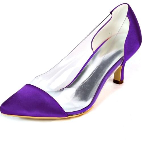 Elegant Mid heel ladys pointed toe pumps slip on 2'' heels see through clear PU satin evening dress shoes bridal wedding prom