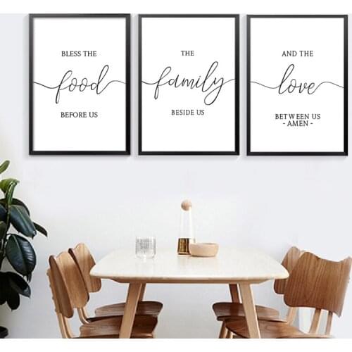 Bless The Food Family Quote Art Canvas Prints Minimalist Canvas Painting for Kitchen Restaurant Thanksgiving Blessing Wall Decor
