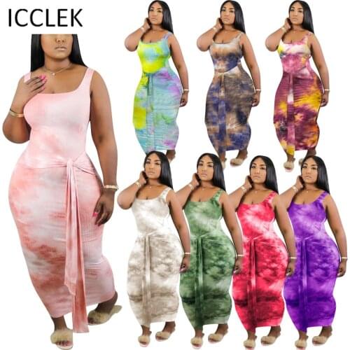 ICCLEK Wholesale Items Plus Size Summer Women Sexy Dress Tie-dye Print Open Back Lace Plus Size Dress