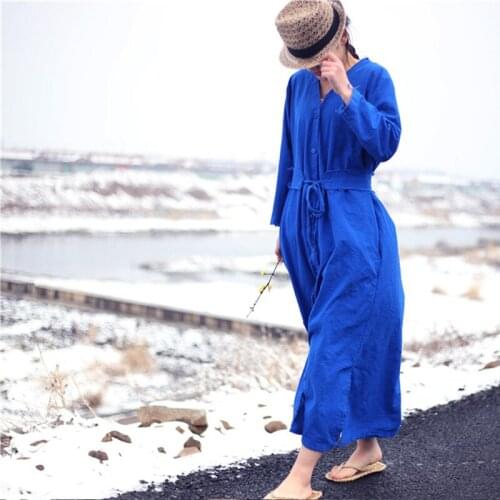 Johnature Women Blue Dress Cotton Linen Button 2021 Autumn Casual Vintage Loose Belt V-Neck Robes Brief Long Sleeve Maxi Dresses
