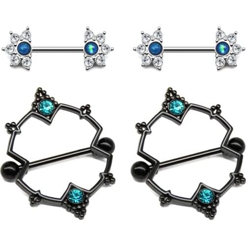 JFORYOU Nipple Rings- 2 Pairs 14G 316L Stainless Steel Nipple Shield Piercing Barbell Bar CZ Flower Women Body Piercing